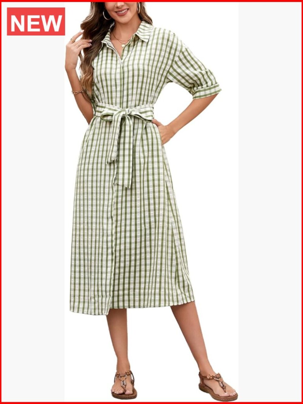 Plaid Button Down Maxi Dress with Belt Half Sleeve Casual